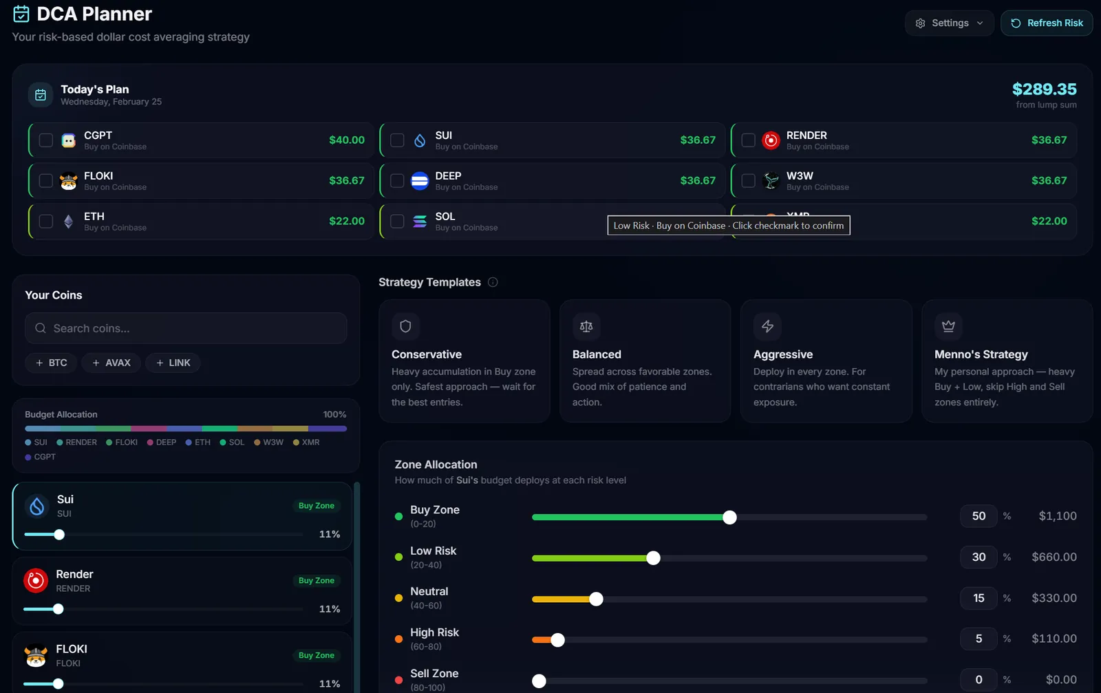 DCA Planner with buy zones and a weekly schedule